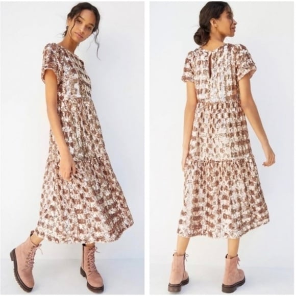 Maeve by Anthropologie Bernadette Tiered Sequin Midi Dress Rose Gold Sz XSP