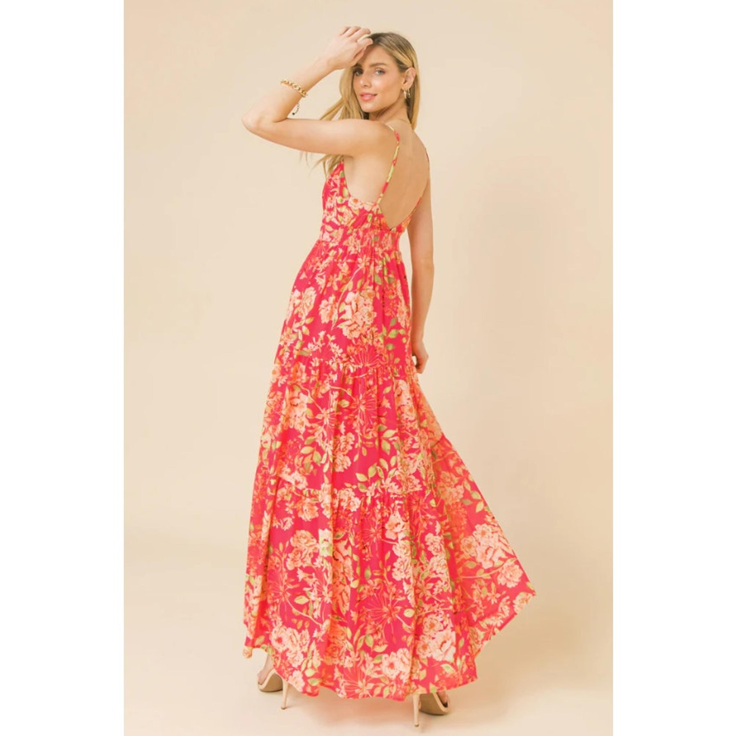 NWT Flying Tomato Women Evolving Love Floral V-Neck Tiered Maxi Dress Sz M Pink