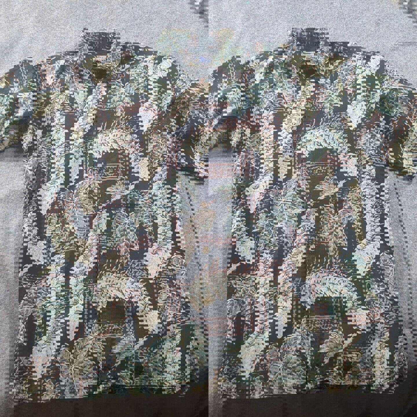 VINTAGE Reyn Spooner Hawaiian Shirt Mens M Black Floral Leafs Aloha AOP Eddyy
