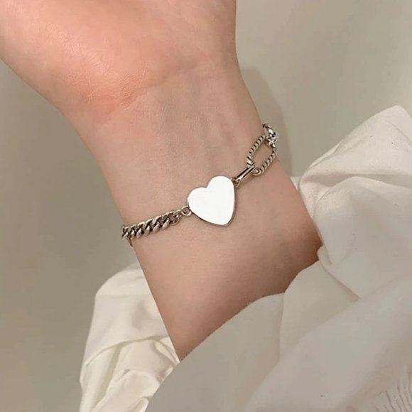 NEW 925 Silver Heart Link Chain Bracelet