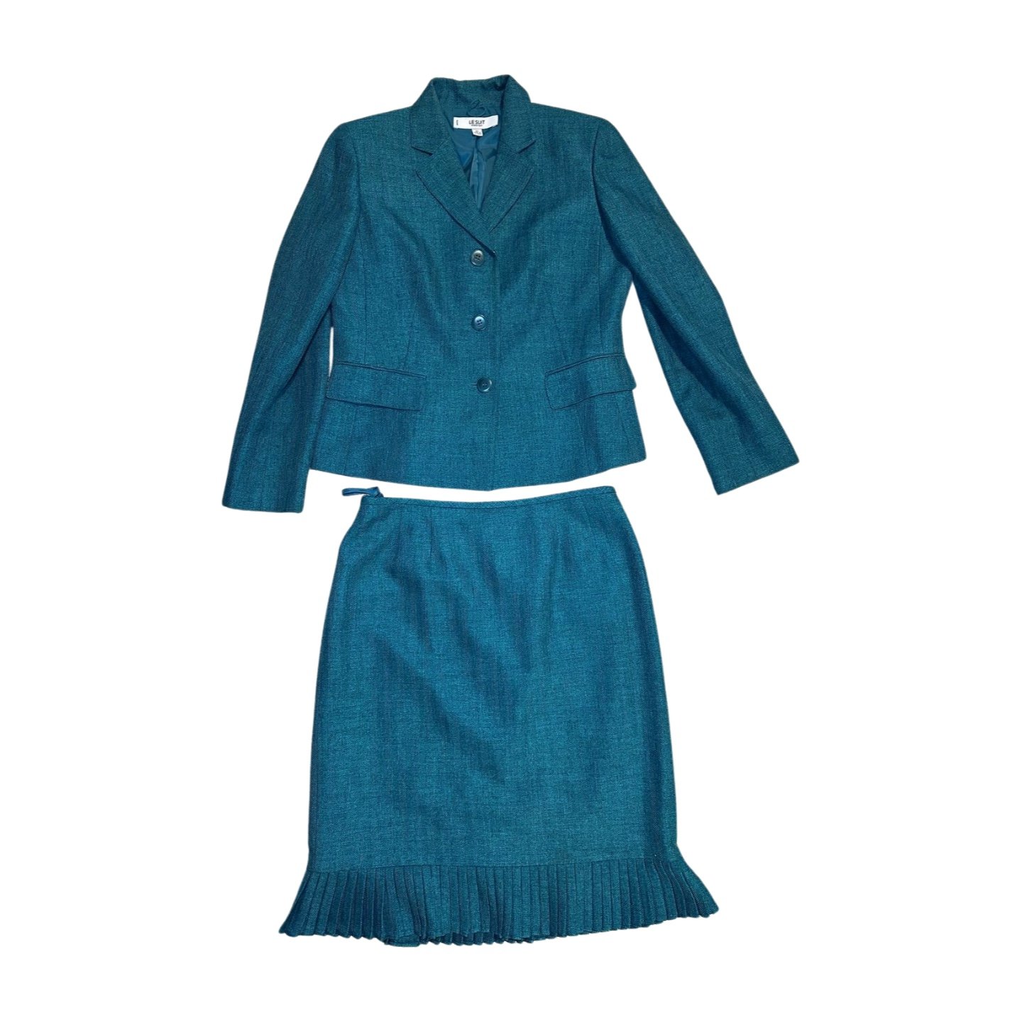Le Suit Essentials Blue Teal Suit Set Size 8 Petite Lined Jacket and Skirt