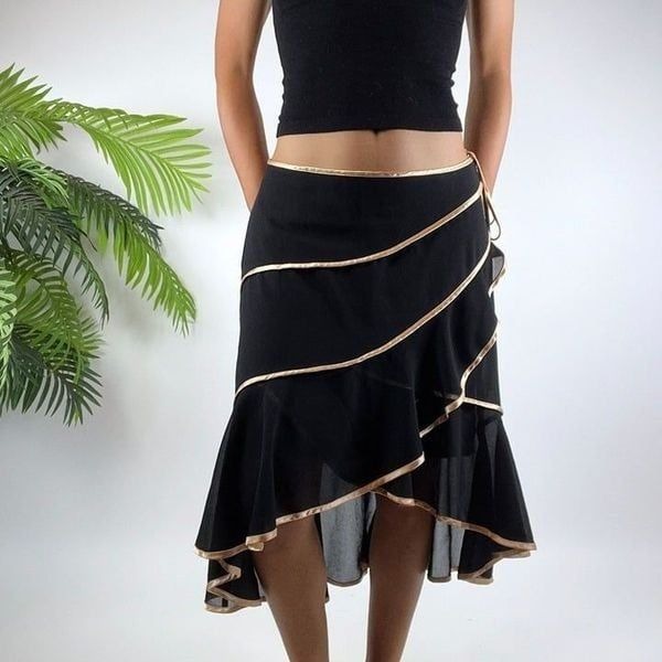 Vintage Y2K Black Romantic Fairy Grunge Whimsygoth Low Rise Midi Skirt / Size: L