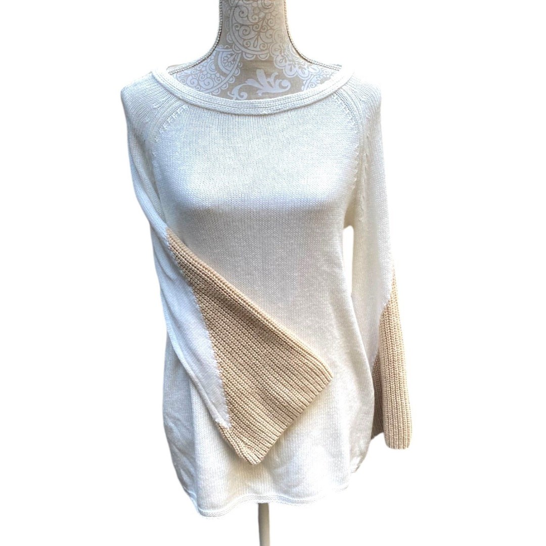 Chico’s 1 US M Bateau Sweater Stitch Bell White Gold Sparkle Sleeve Beach