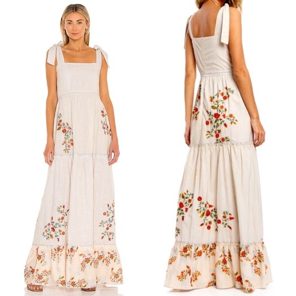 NWT Agua Bendita Helina Sunbaze Embroidered Linen Floral Maxi Boho Dress Medium