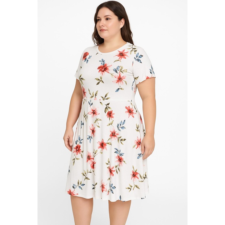Urban Coco White Floral Print Dress Crew Neck Knee Length Crew Neck Extra Large
