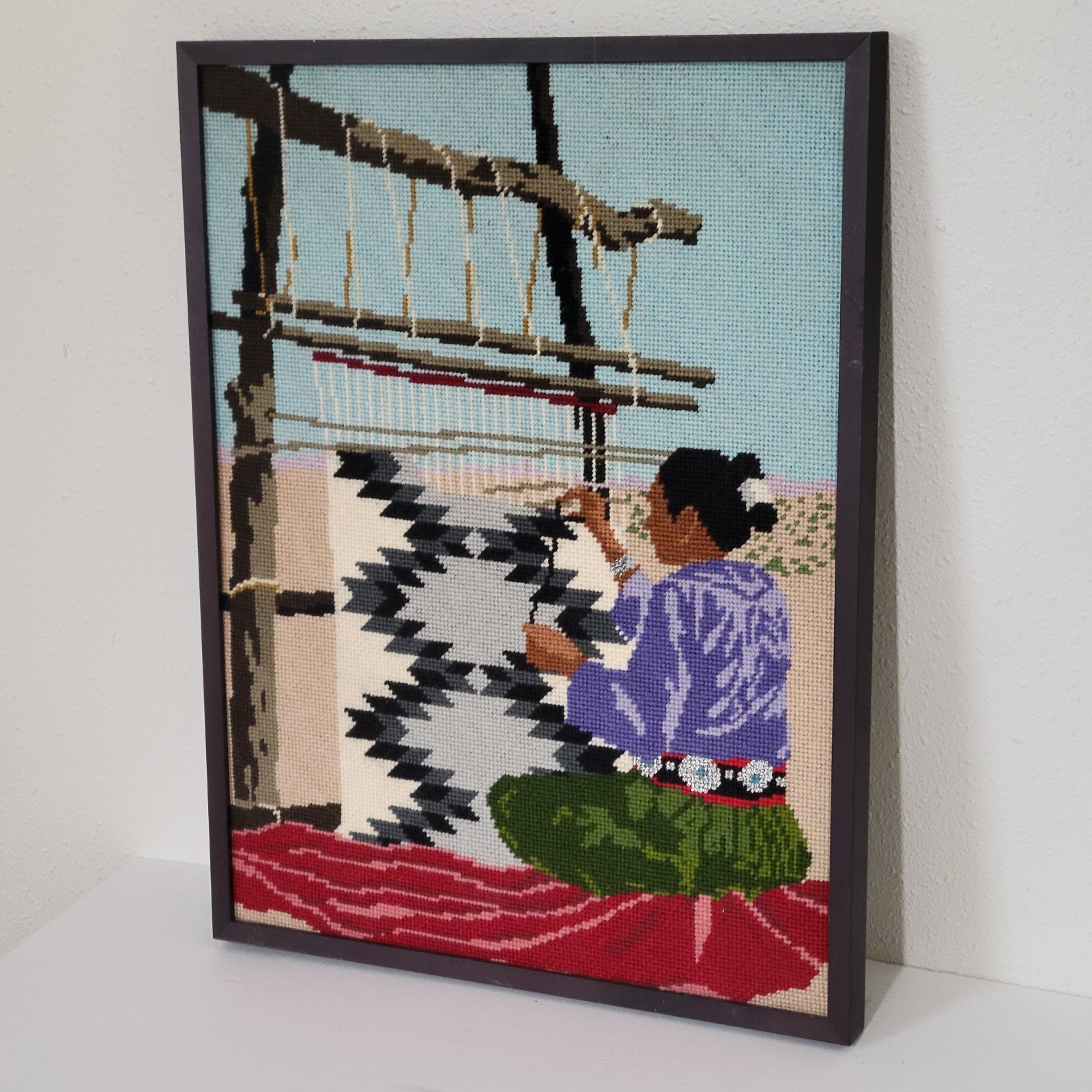 Vintage Needlepoint Art Native Indian Woman Weaving Loom Framed 12x16in