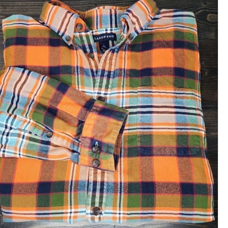 Lands' End Mens Pocket Flannel Plaid Tailored Fit XL Orange Green Long sleeve