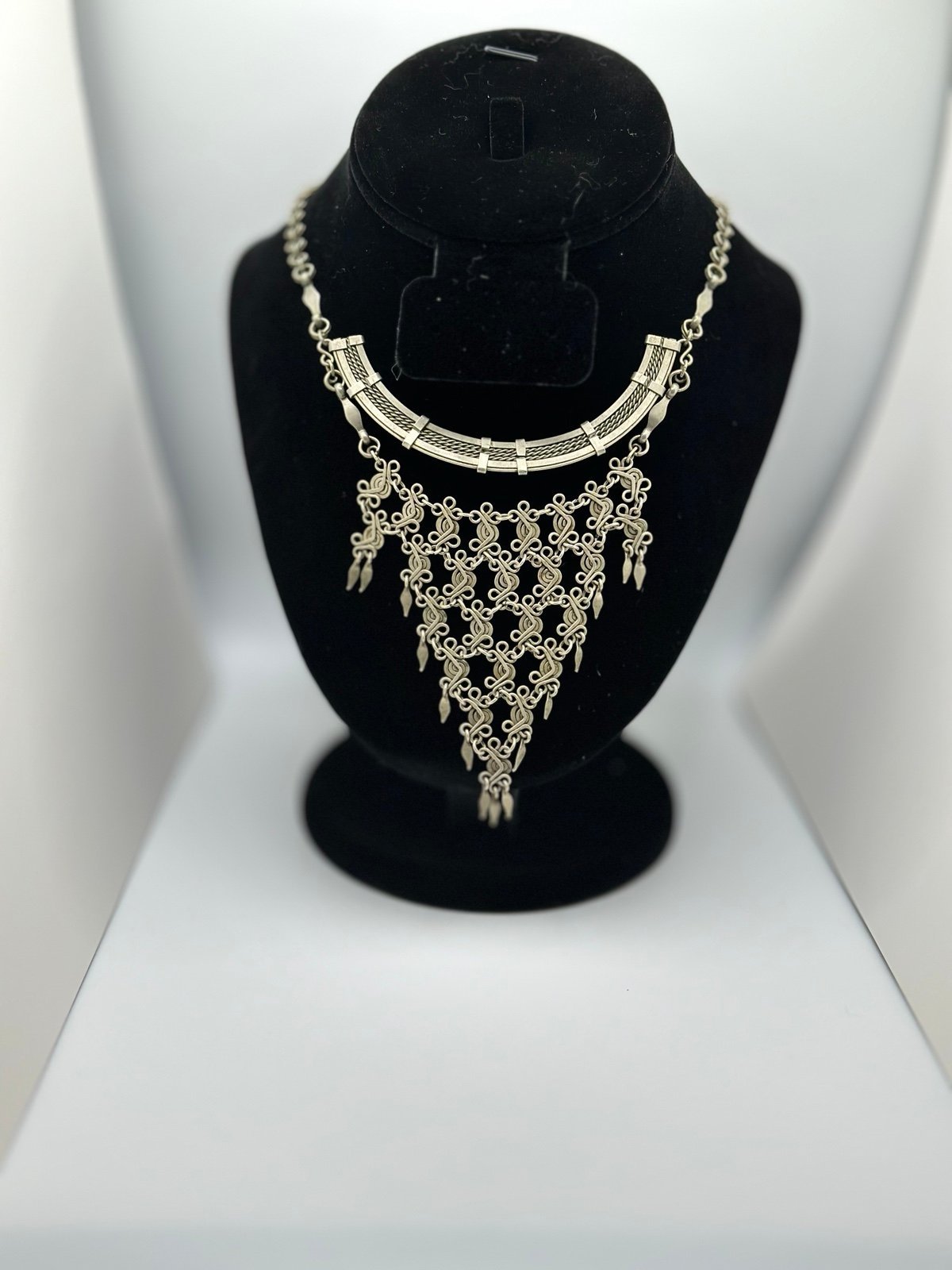 Exotic Vintage Silver Tone Egyptian Style Bib Necklace.