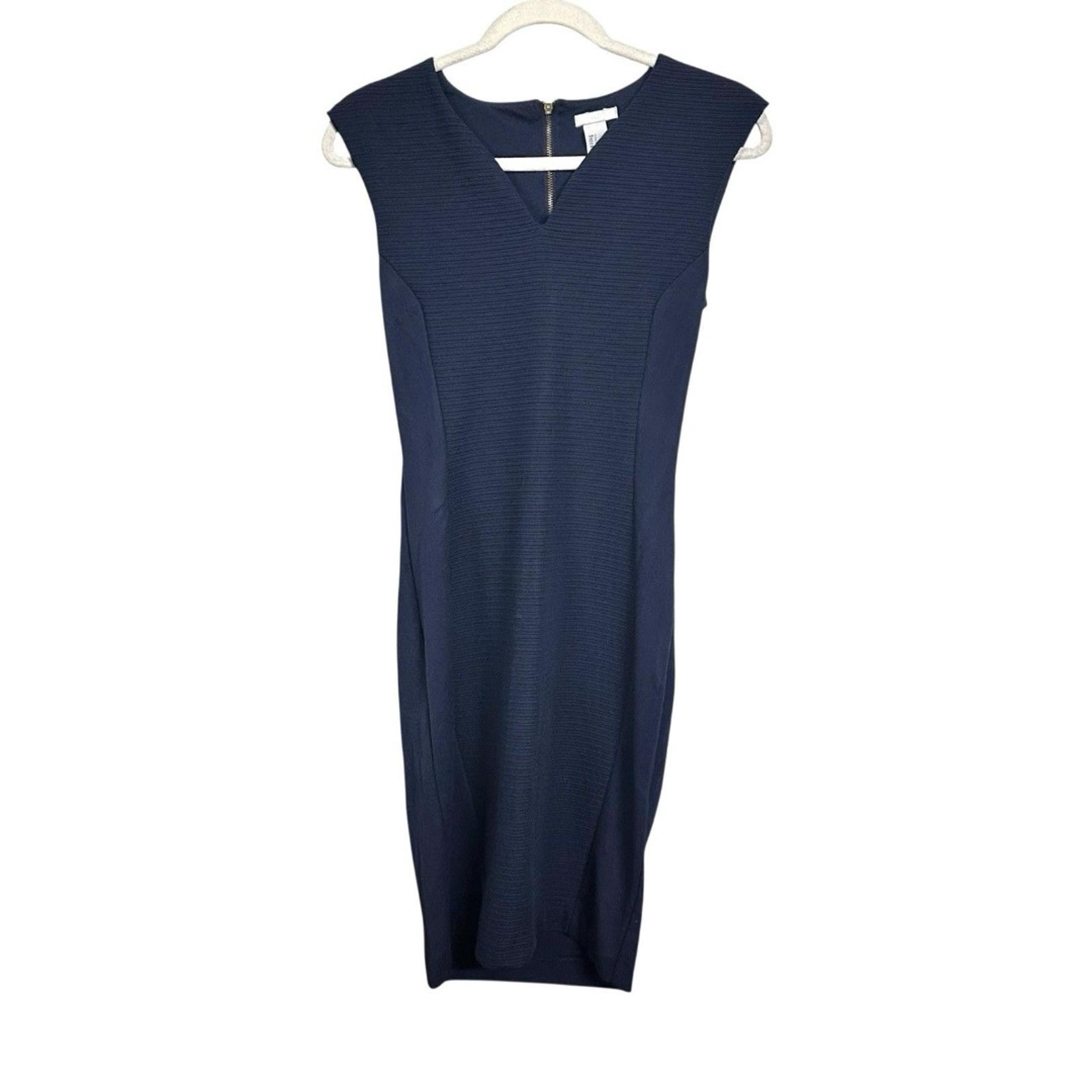 H&M Womens Sz S Dark Navy Blue Ribbed Knee Length Sheath Dress Cap Sleeves