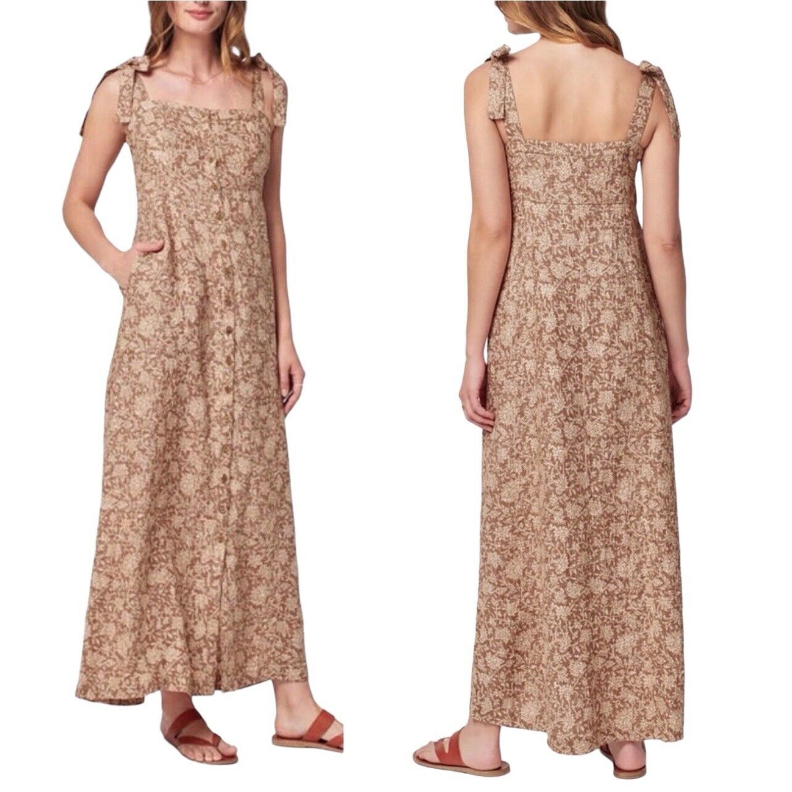 NWT Faherty Kendall Tie Strap Linen Maxi Dress Size M Bronze Riviera Floral 198