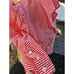 VTG 80s Red Striped SHIRT SKIRT Outfit DOUBLE BREASTED Stand-Up Collar Sz 9