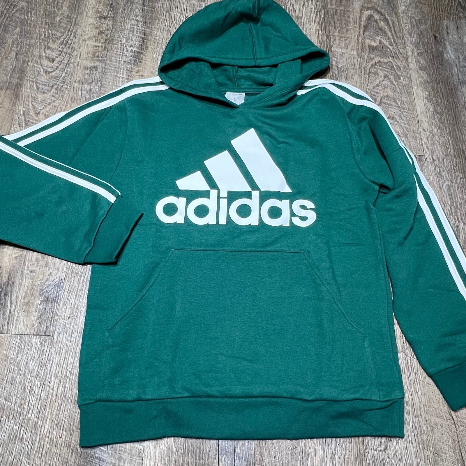 Adidas Hoodie Youth Large 14/16 Green Pullover Graphic Logo Sweatshirt Stripes
