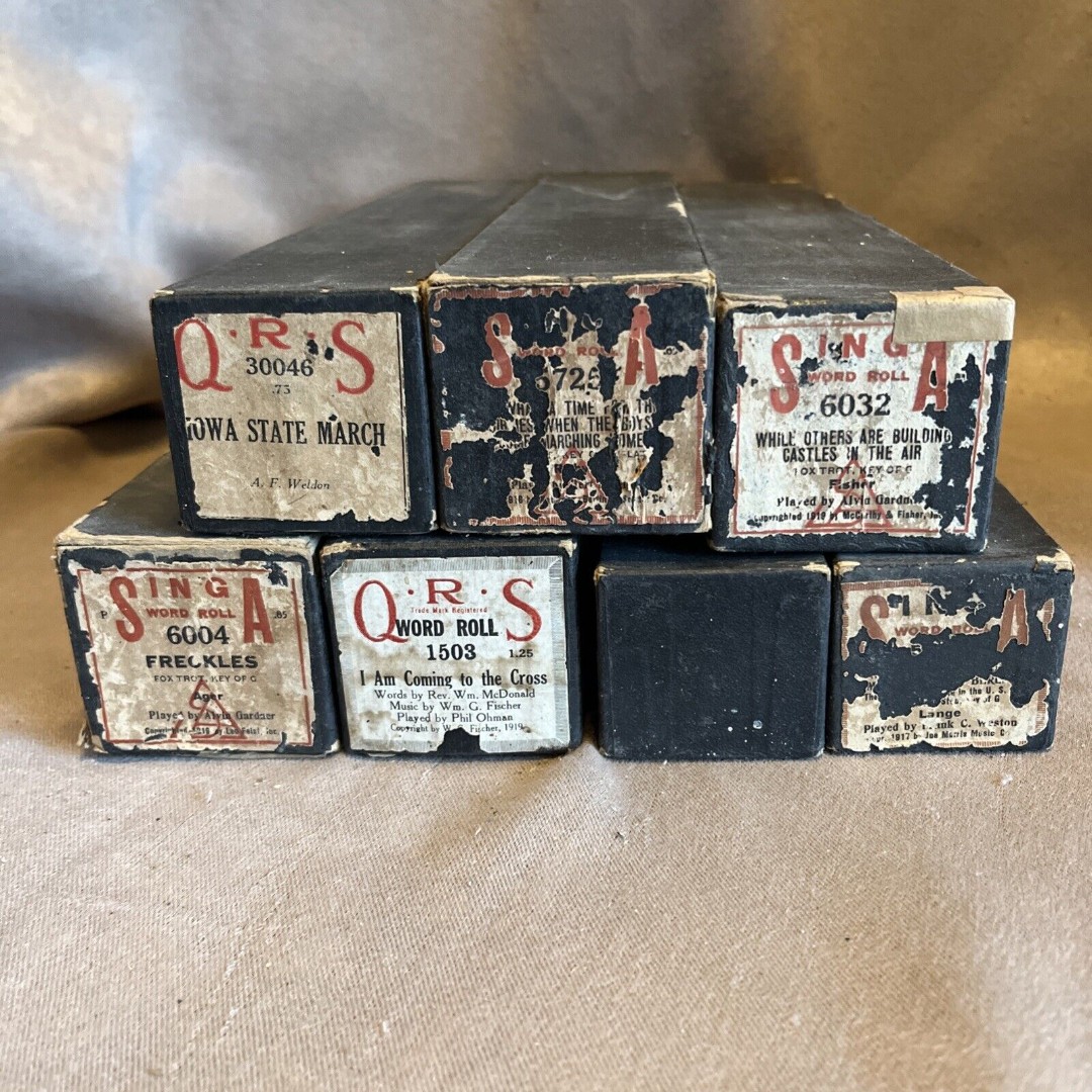 Lot of 7 of QRS & SING A Brands of Vintage Player Piano Roll in Box