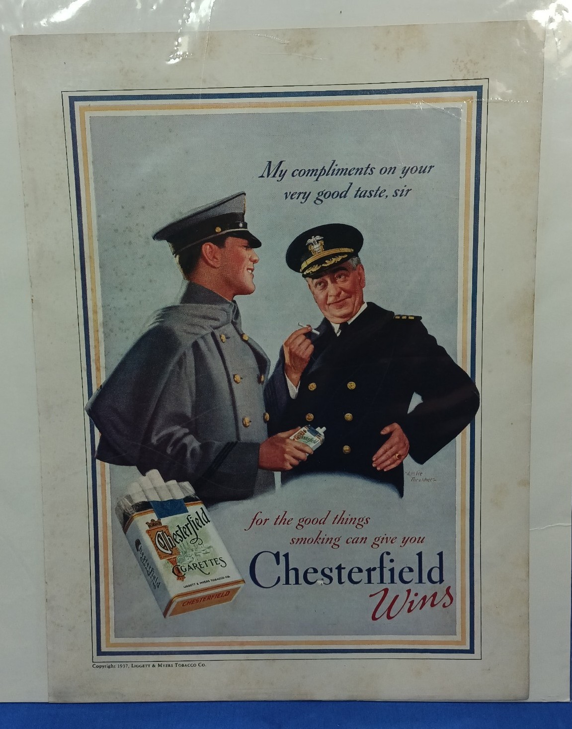 Vintage 1937 Liggett and Myers tobacco company Chesterfield magazine ad