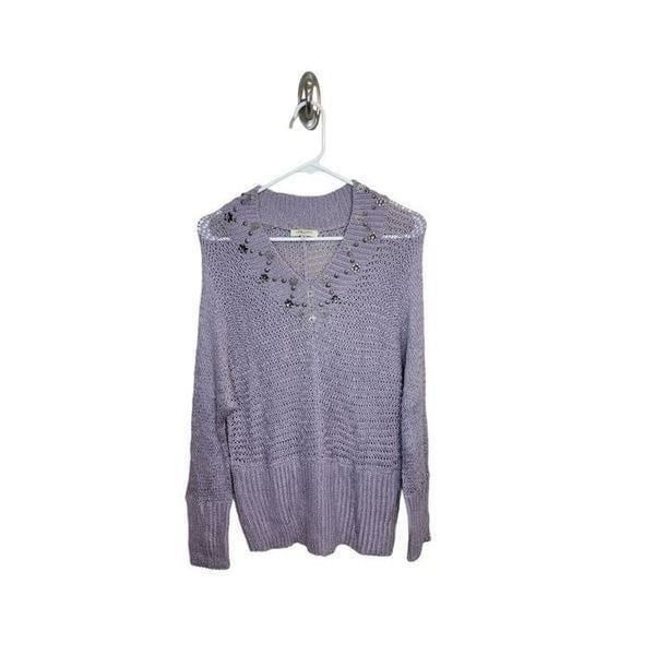 Vertigo Paris Embellished Open Knit V-Neck Sweater