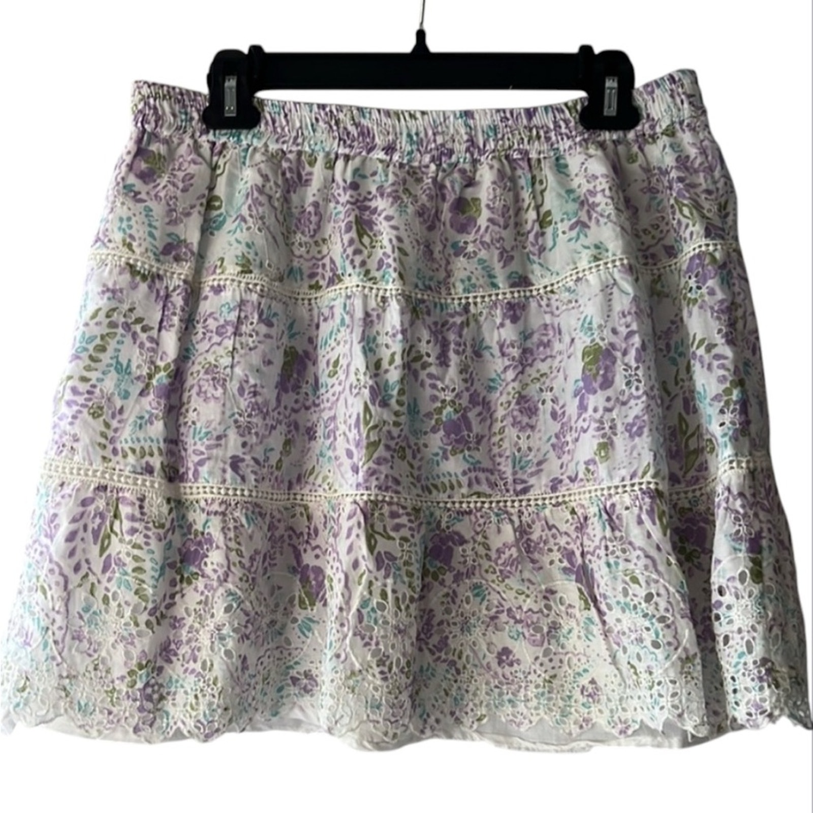 NWT Jennifer & Grace Elastic Waist Mini Skirt Floral Purple White Size L EUC