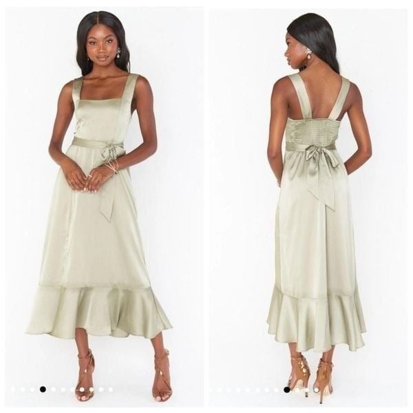 NWOT Show Me Your MuMu Claire Midi Dress in Moss Green Luxe Satin Sz L