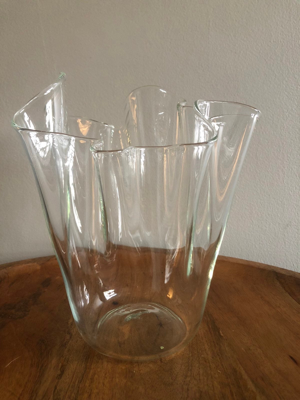 Vintage MCM large clear draping shape handmade art glass vase