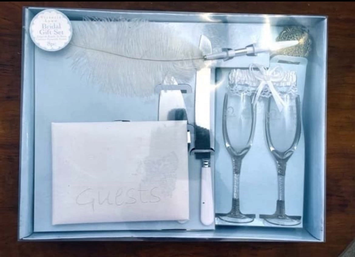 8pc BRIDAL GIFT SET guest book garter pen cake server bride groom glasses