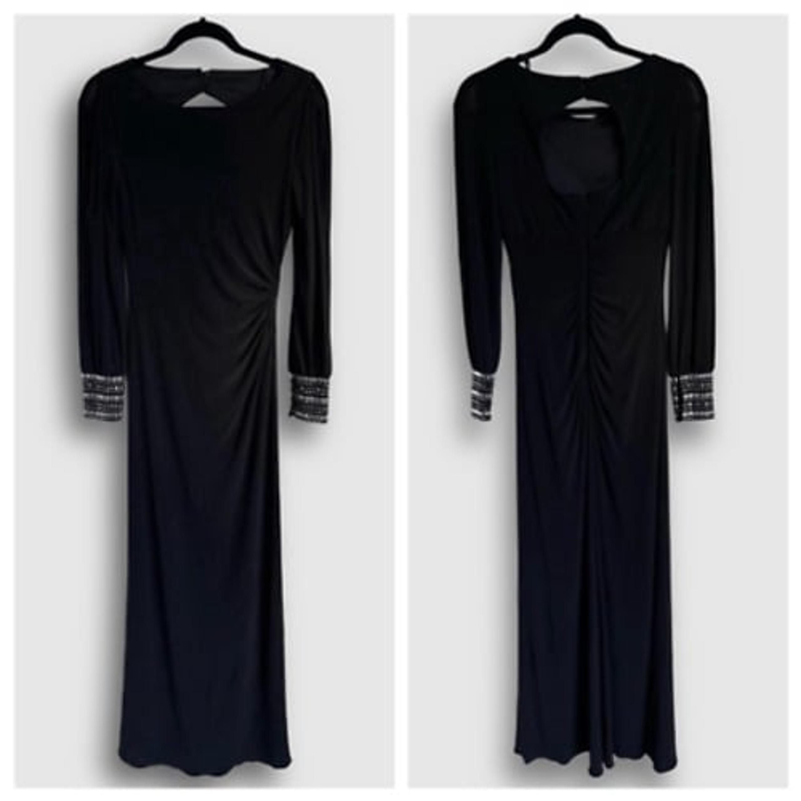 Cache Evening Gown Dress Women's 2 Black Long Sleeve Maxi LBD Jeweled Prom NWT