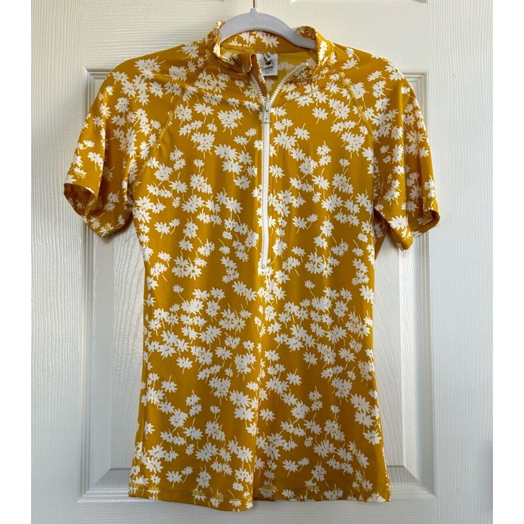 Madewell Zip UpNeck Shirt Top Womens Size M Yellow Floral Short Sleeve