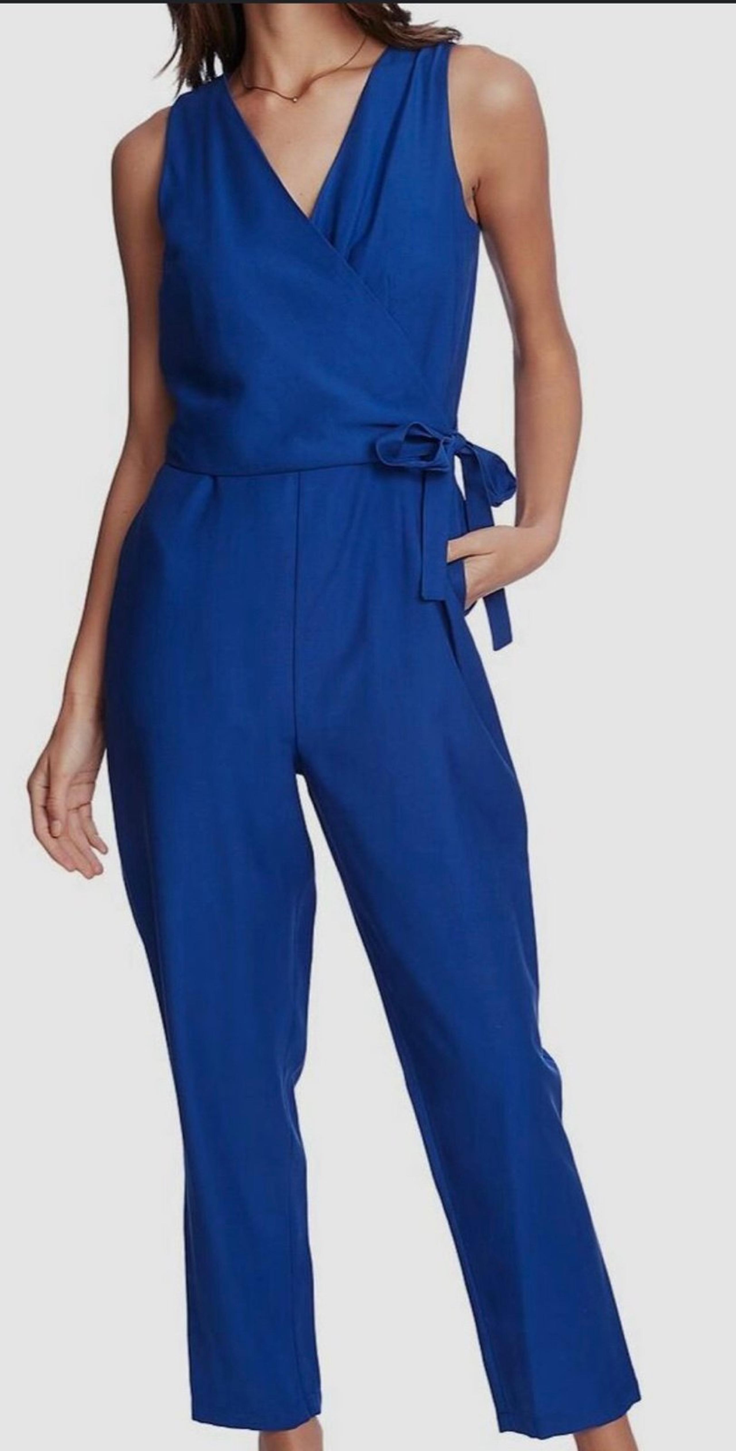 1.State State Women Blue Surplice V-Neck Wrap Sleeveless Side-Tie Jumpsuit