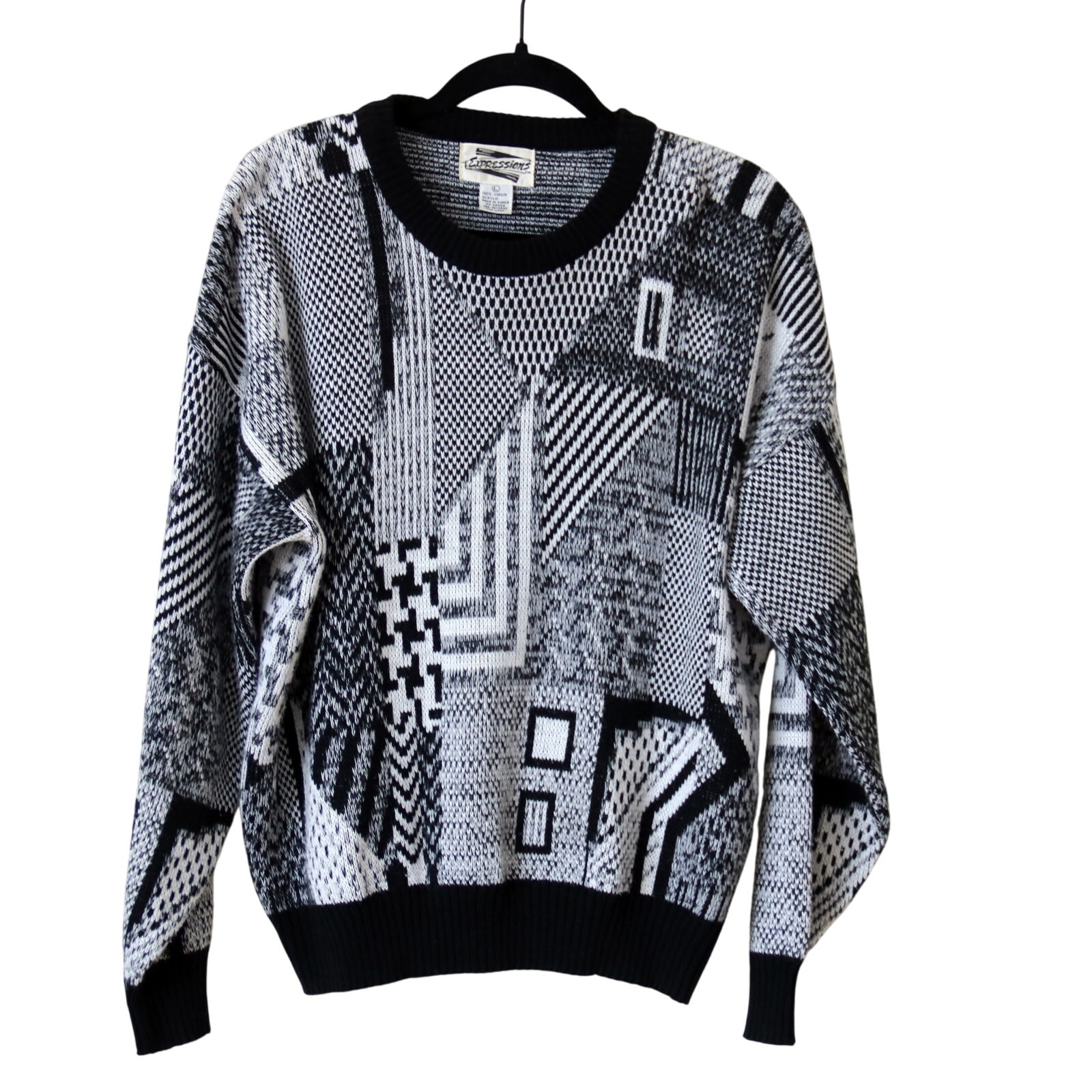 Vintage 80's Men's Large Black White Geometric Crewneck Sweater