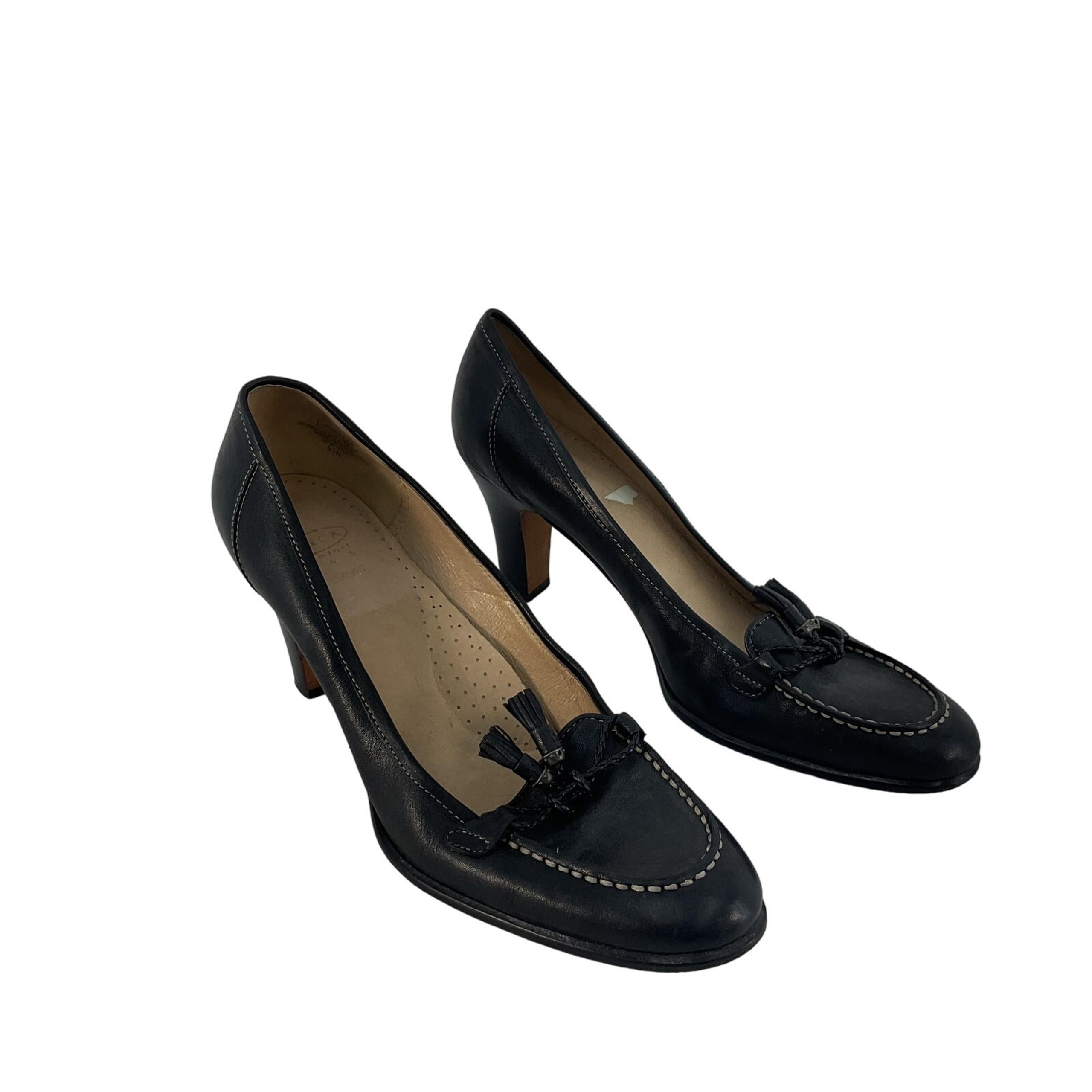 Women's Joan & David Black Leather Moc Toe Heels 9.5 Preowned