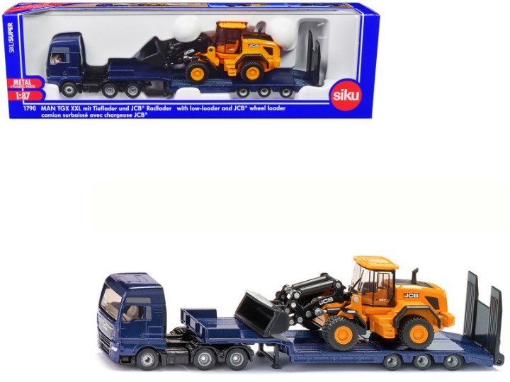MAN Truck Blue Metallic with Low Loader Trailer and JCB 457 Wheel Loader Yellow