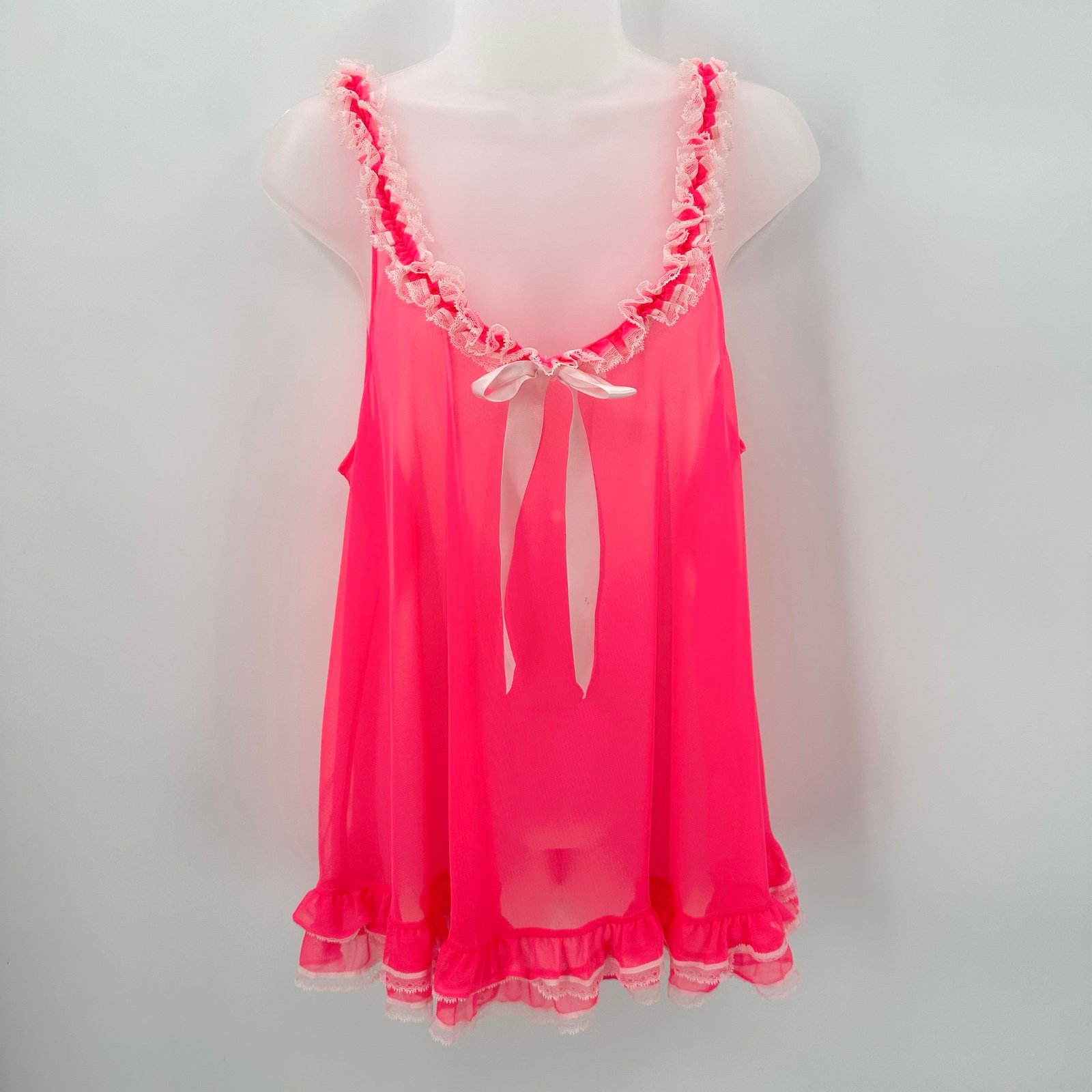 VICTORIAS SECRET Sheer Neon Pink Babydoll Chemise Top Ruffles Bow Womens L READ