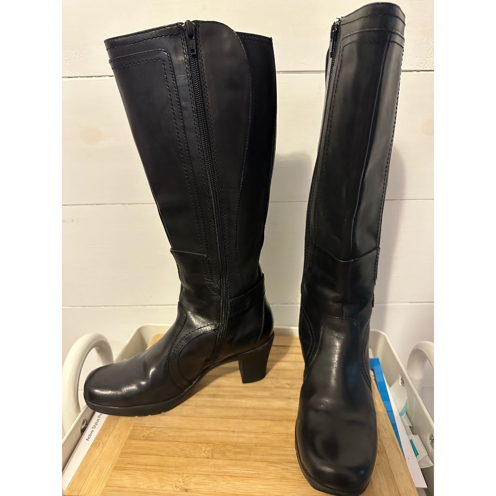 Clarks Loyal Black Leather Heeled Knee High Boots Block Heels