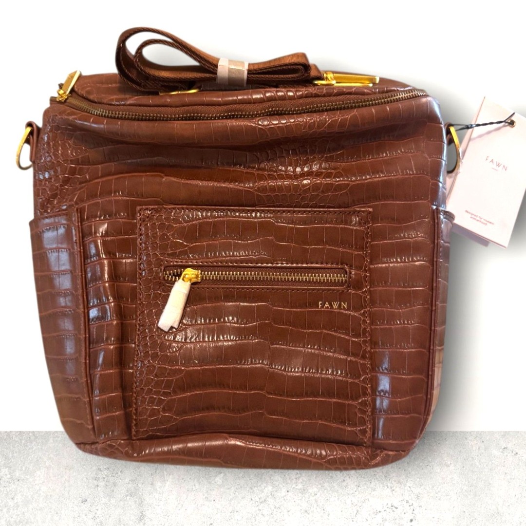 FAWN DESIGN NWT Backpack Diaper Bag Pecan Brown Croc Embossed Faux Leather Purse