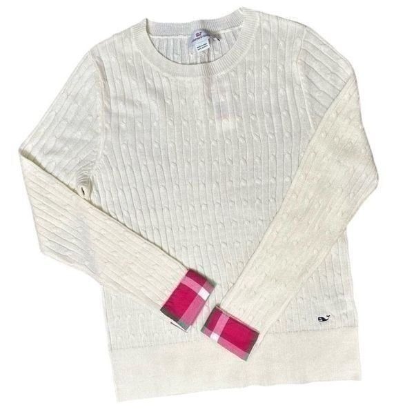 Vineyard Vines Cream Cable Knit Tartan Cuff Sweater | Size XL