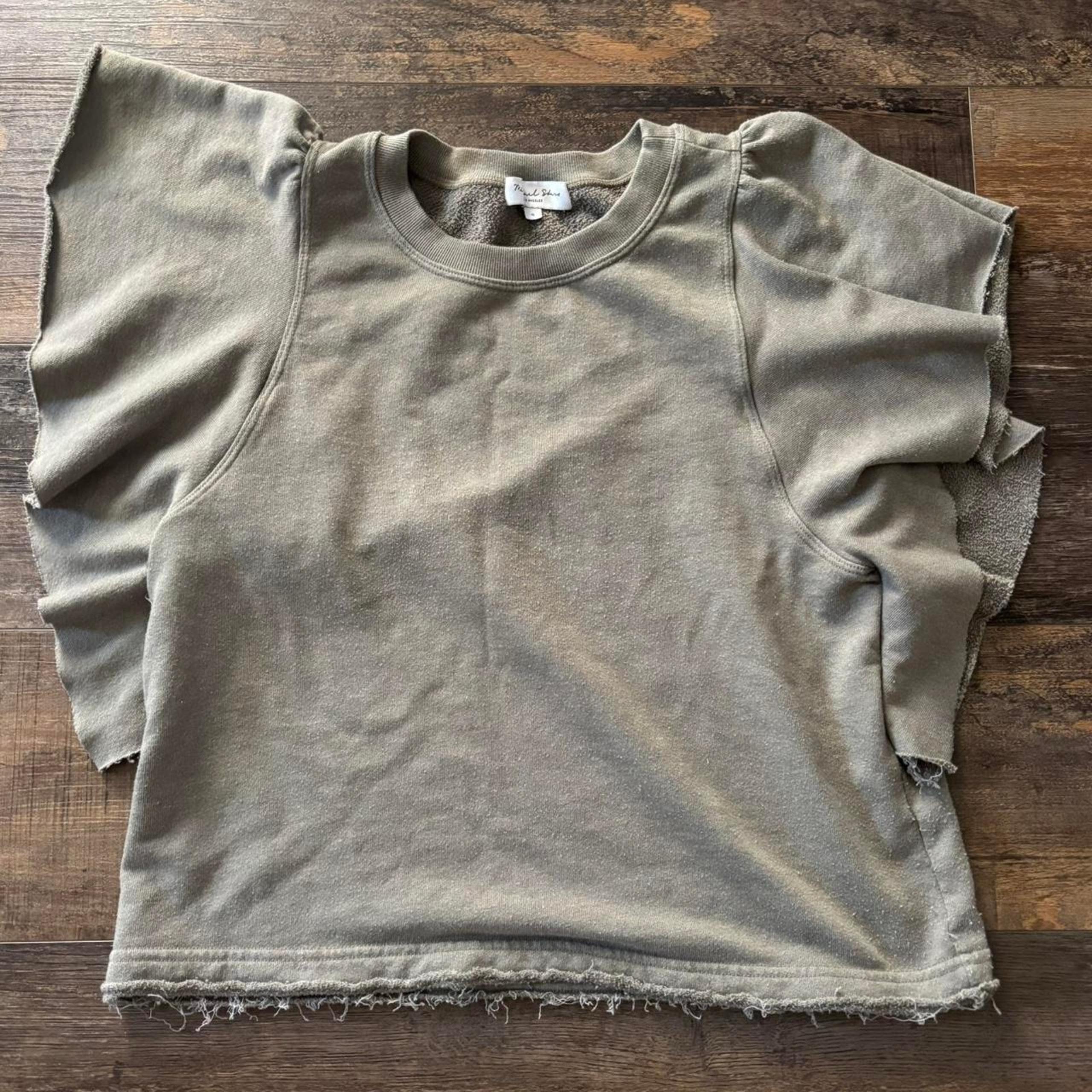 Michael Stars Olive green cropped cotton tee Raw Hem Ruffle