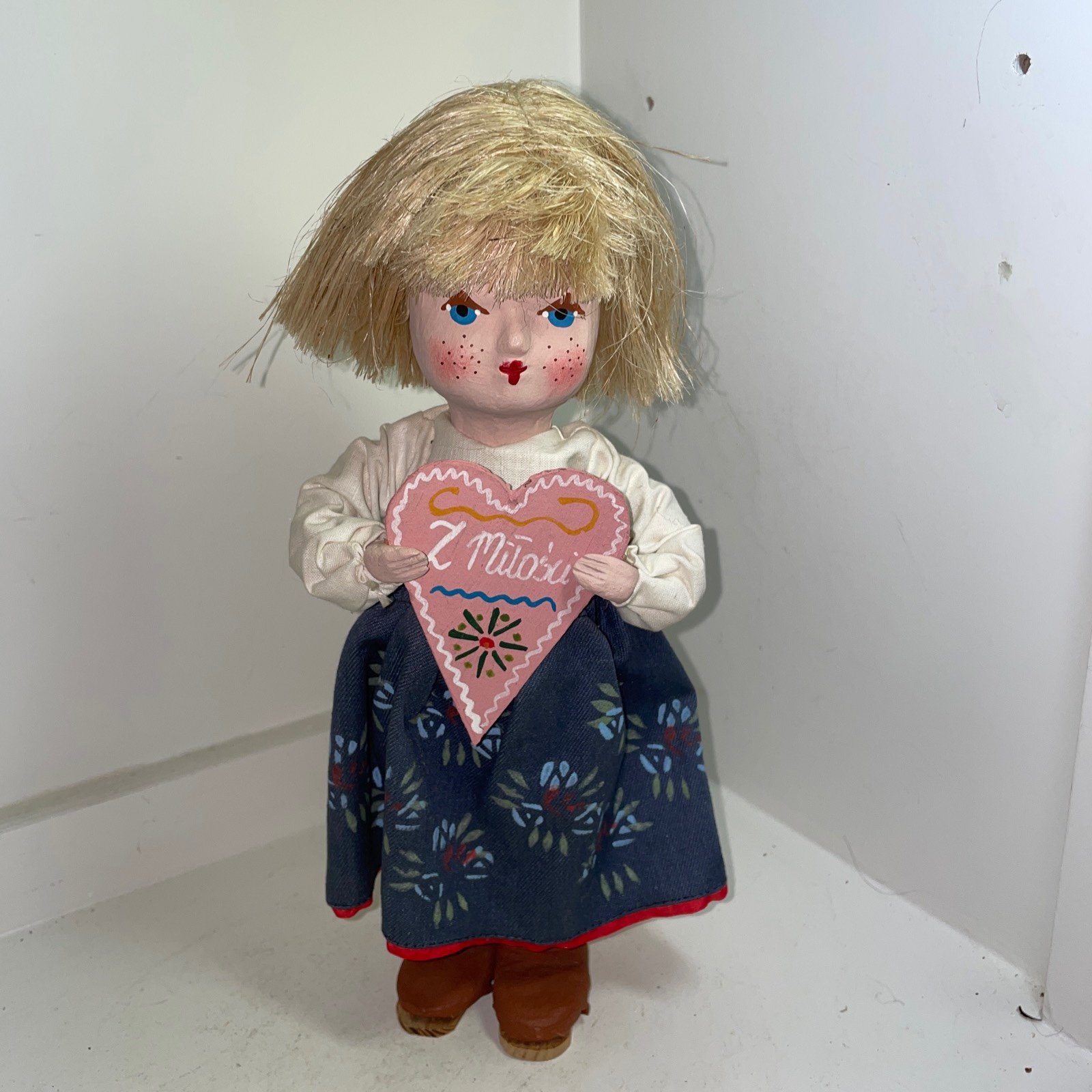 VTG hand made polish girl doll holding a heart written on it in polish for love