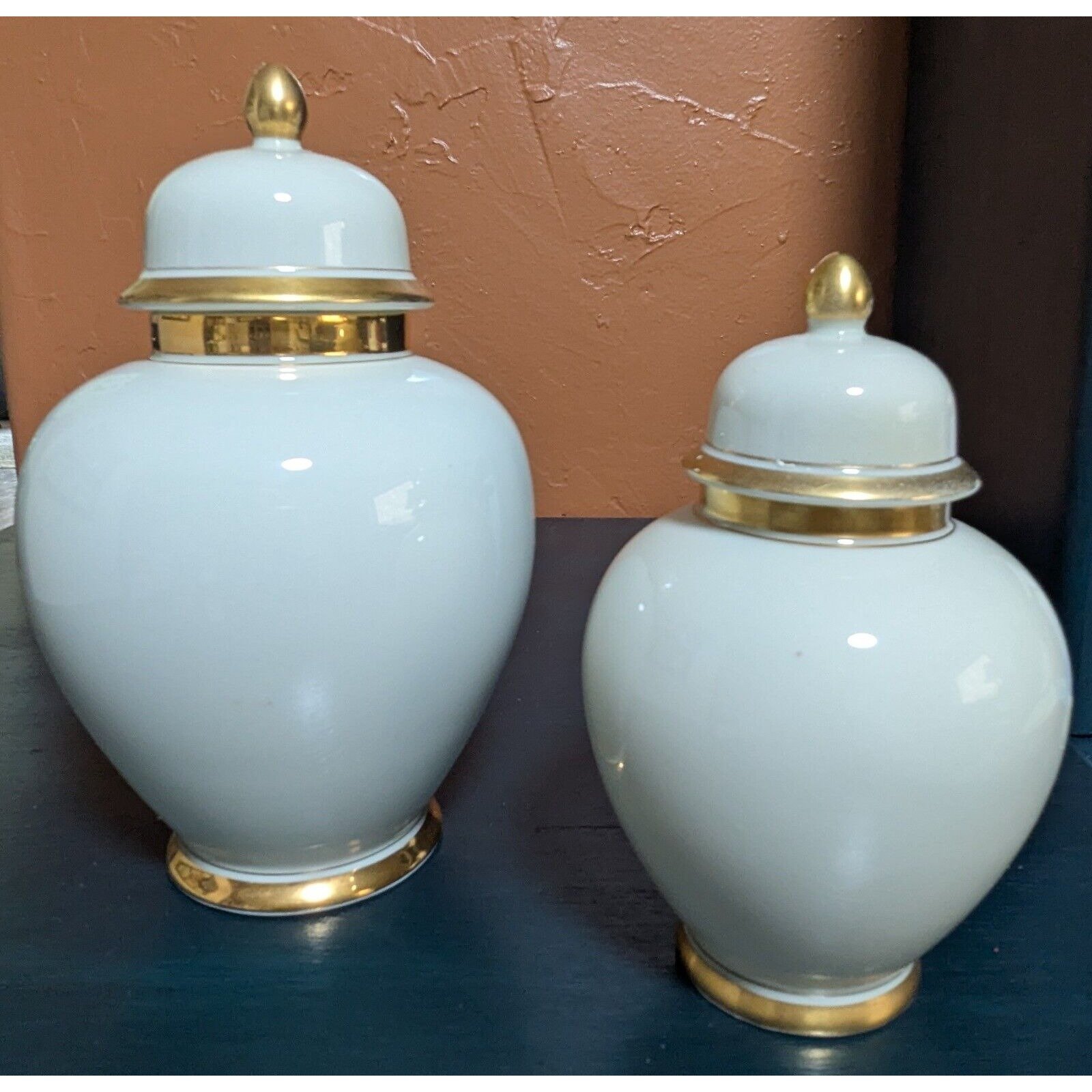 Vintage 1977 Fitz and Floyd Ginger Jar Set Ceramic Palais Ivory and Gold