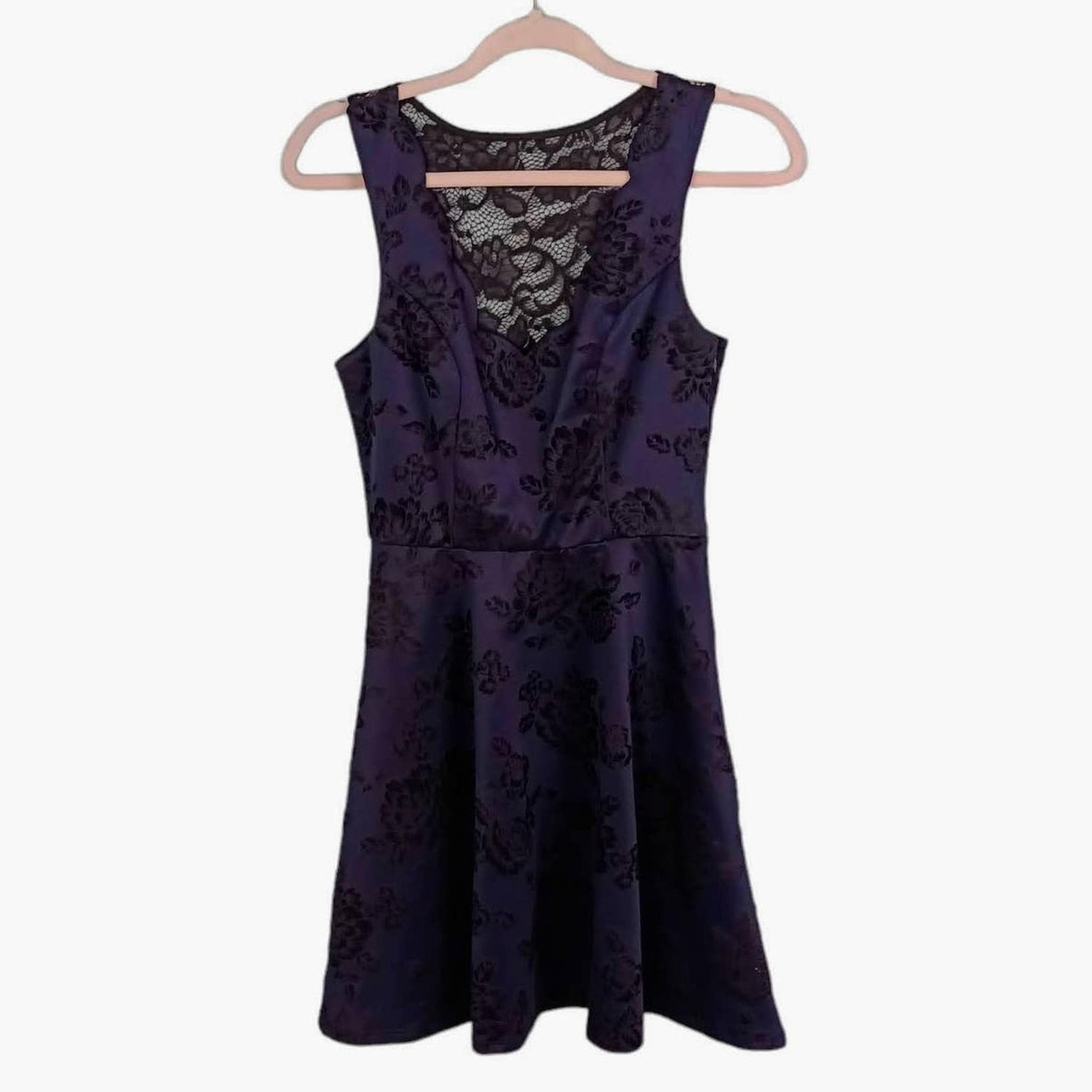 TRIXXI Womens S Dark Blue Floral Dress Fit & Flare Laced Back Scalloped V-Neck