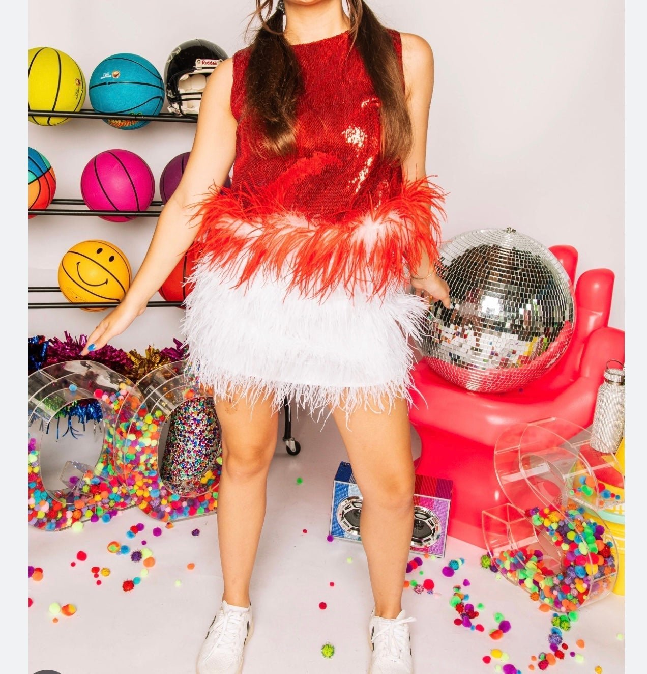 Queen of Sparkles-RED SEQUIN TANK WITH RED & WHITE FEATHERS-Size Large