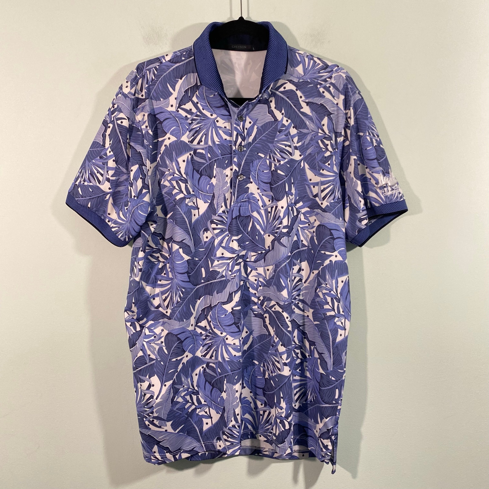 Greyson Men Blue Icon Lost World Graphics Short Sleeve Performance Polo Size L