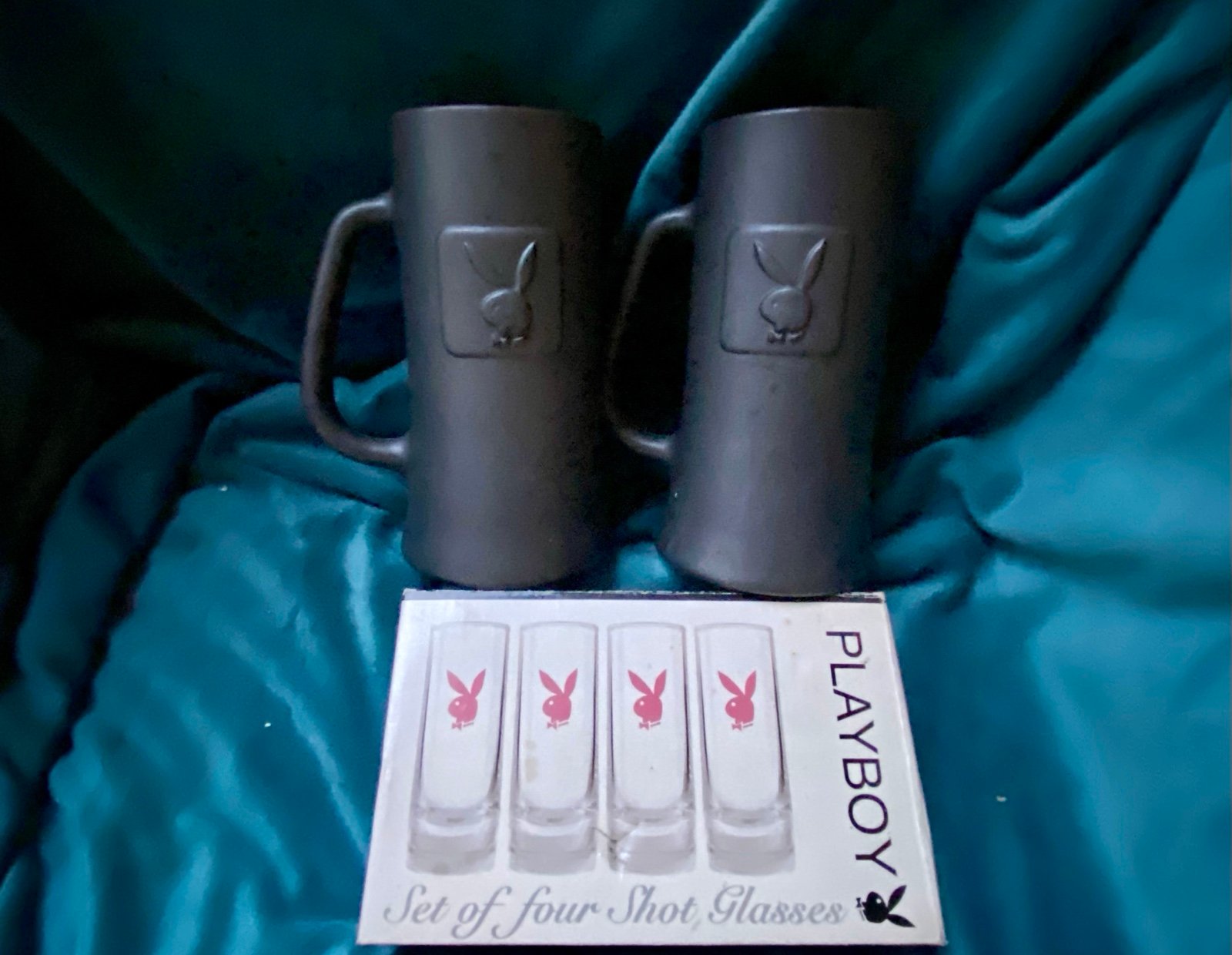 Playboy Vintage Merch Bundle-(2)1970s Beer Stein Mug/ 2008 Shot Glass Set