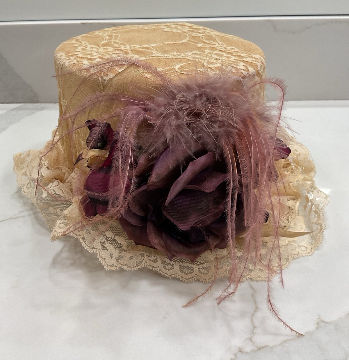 Elsie Massey Victorian Riding Hat Cream with Lace and Down Feathers