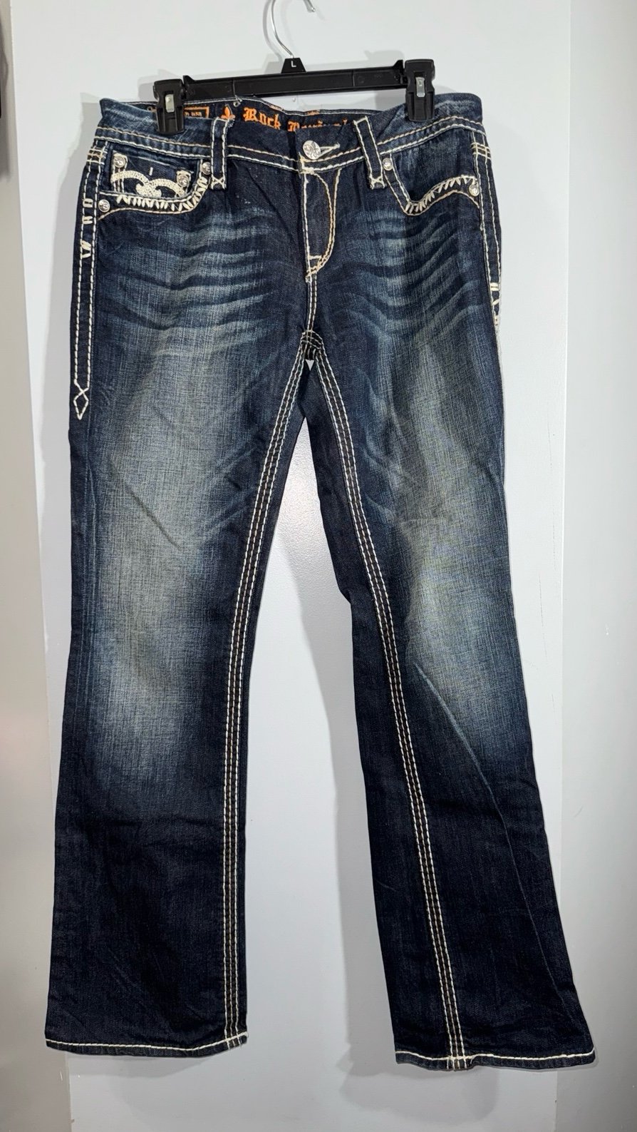 Rock Revival Jenna dark wash bootcut jeans heavy stitching rhinestones size 30”