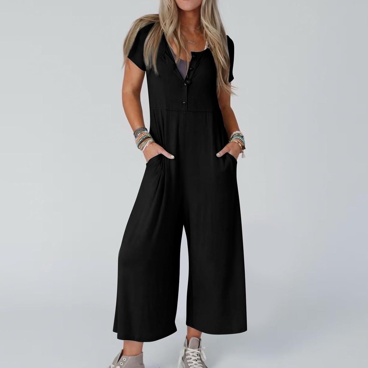 Three Birds Nest Black Short Sleeve Wide leg Jumpsuit Small