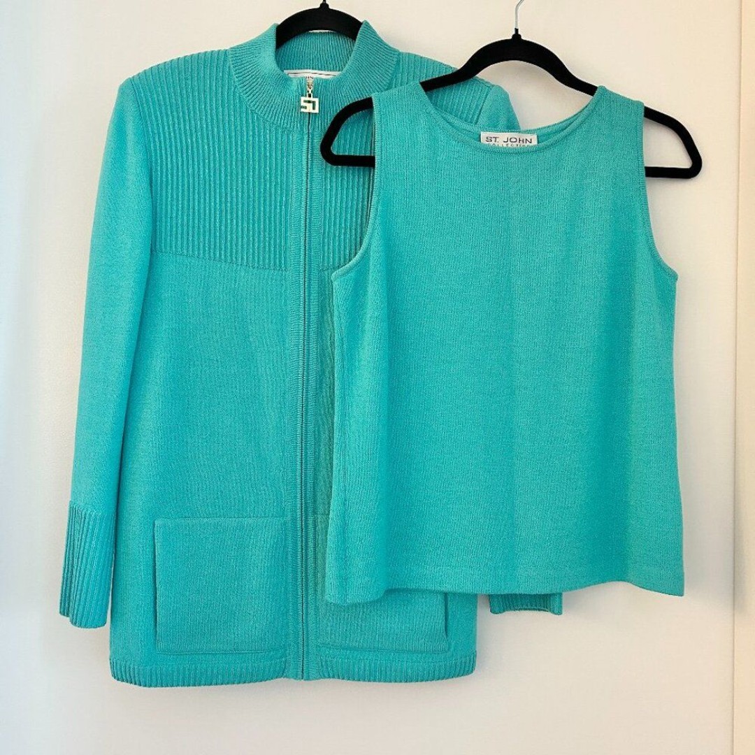 St. John Santana Knit Teal Blue Wool Jacket & Tank Set Size S/M