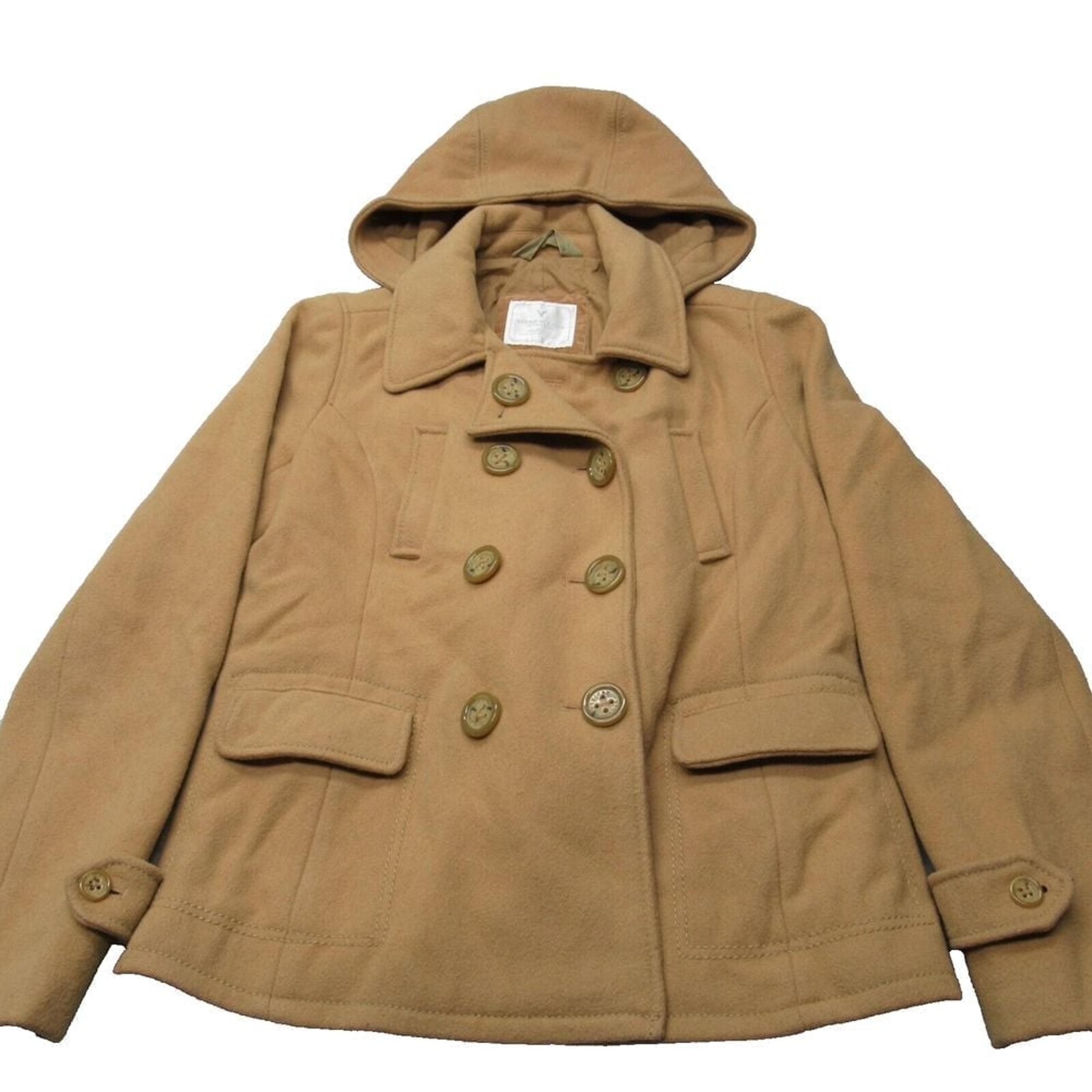 American Eagle Wool Blend Jacket Womens Medium Brown Hood Pea Coat Double Breast
