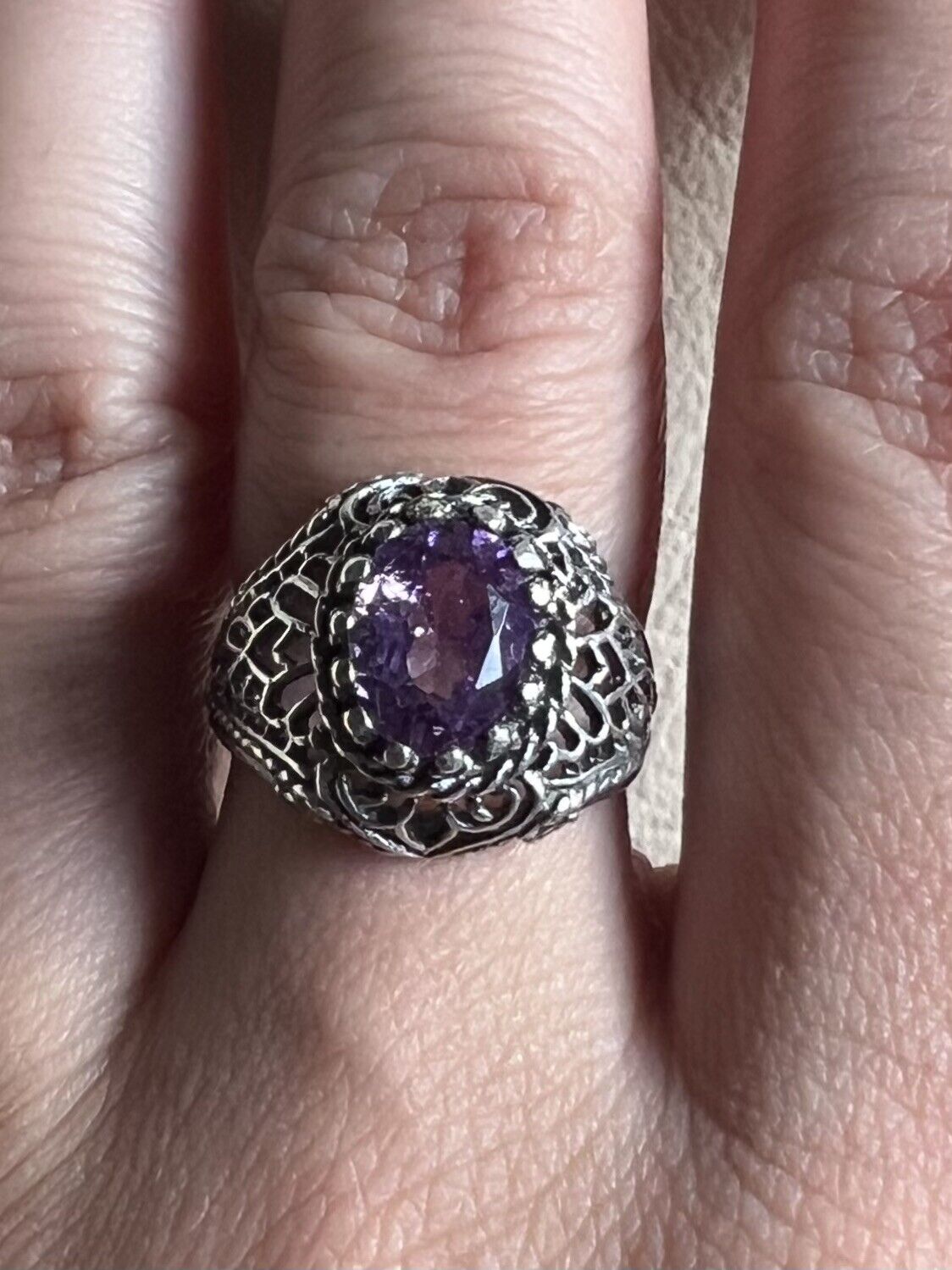Stunning Amethyst Filigree Ring 925 Sterling Silver Sz 5.75