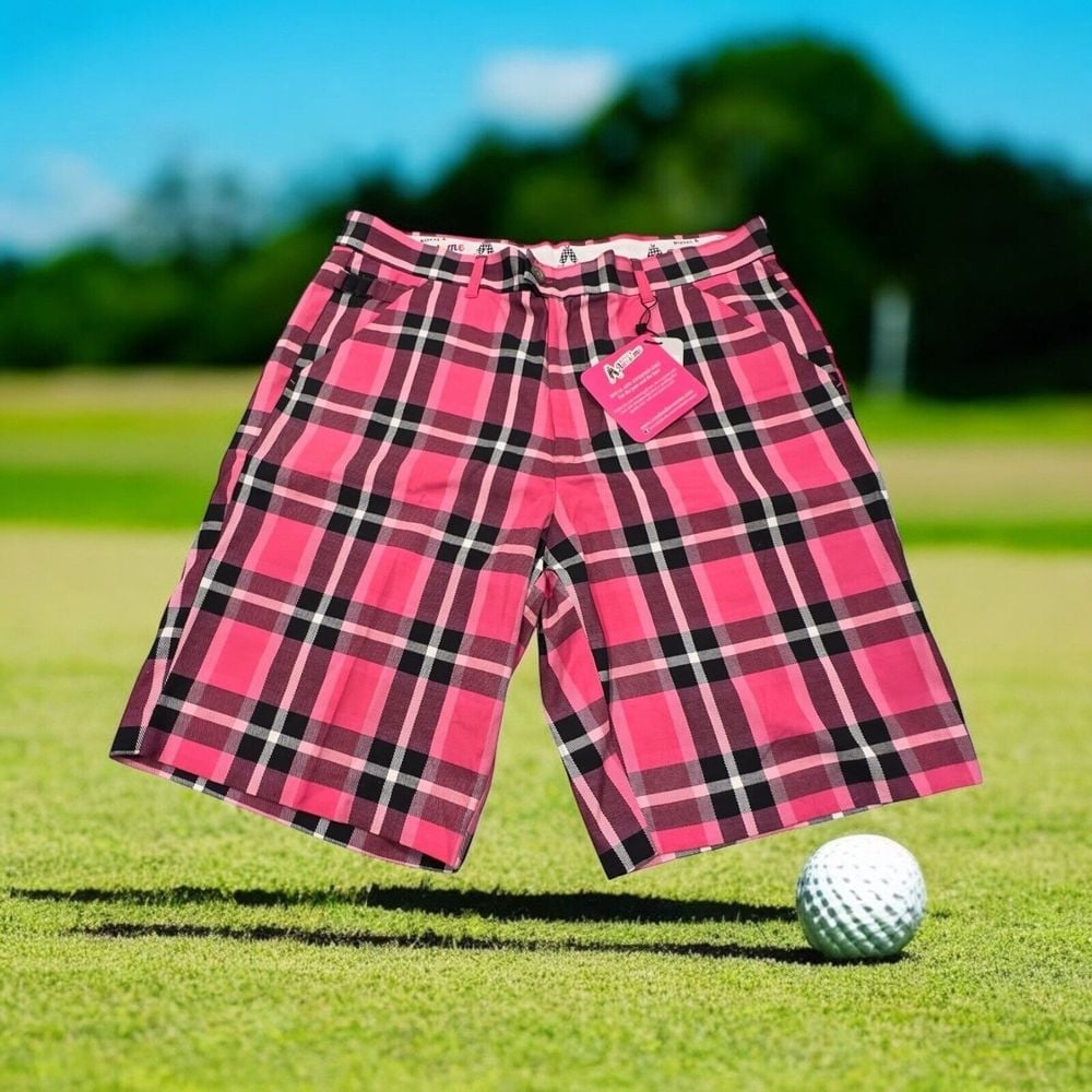 Royal & Awesome Men's Chino Shorts Golf Plaid Performance Pink Black Size 36