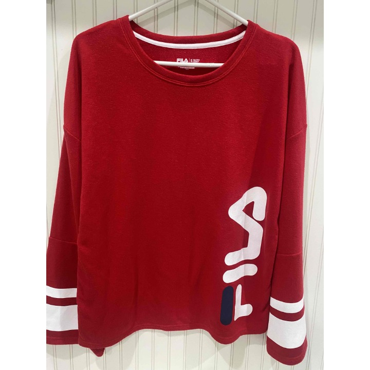 FILA Red Women's Oversized Logo Long Striped Bell Sleeve Pullover Sweatshirt XL