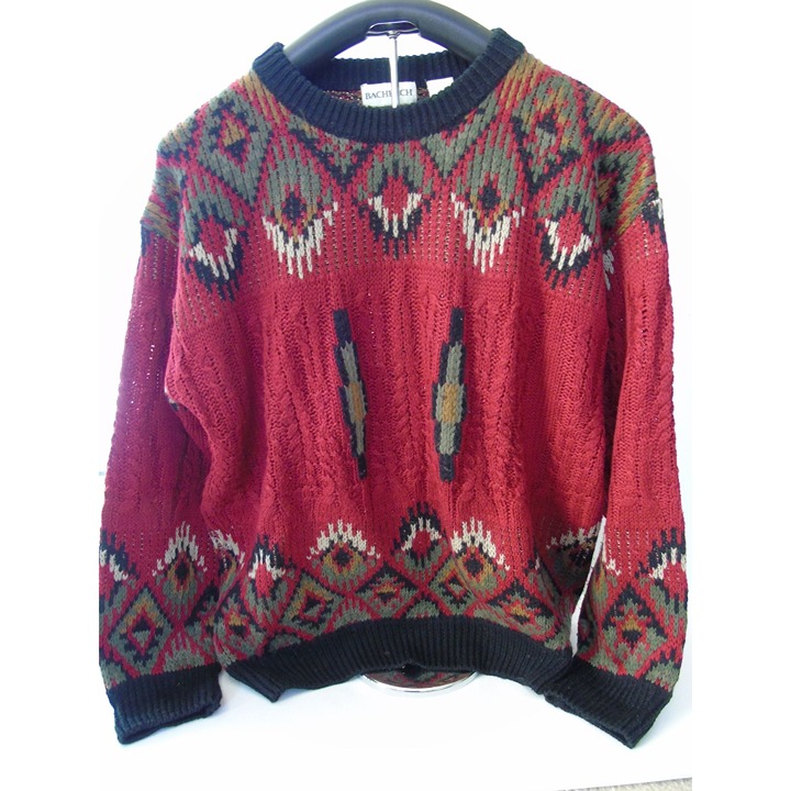 Vintage Men’s Designer Sweater BACHRACH Hong Kong Acrylic Wool Cable Red Black L
