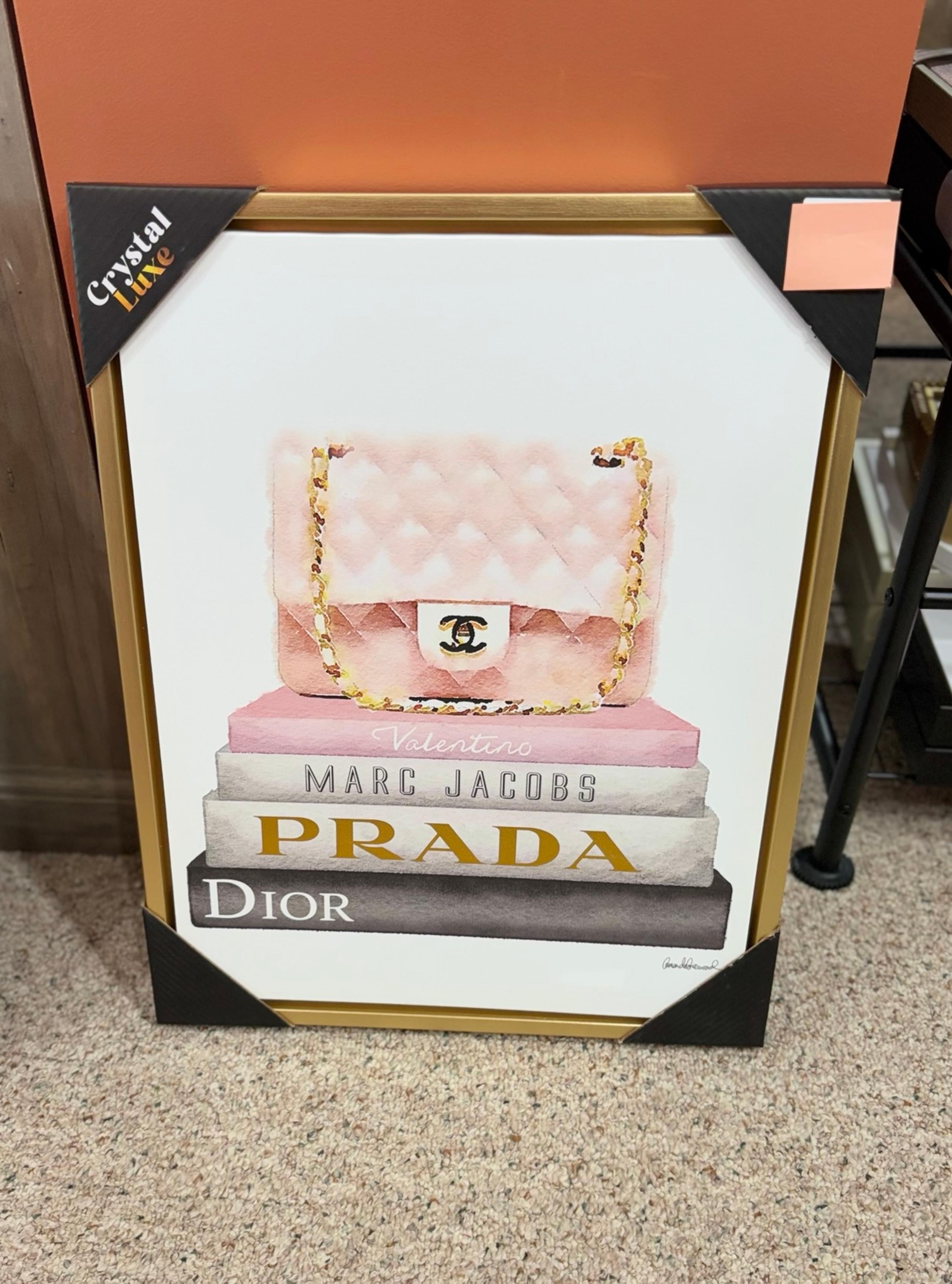Pink Chanel Purse on Stack of Designer Books Framed Canvas Art. 16” x 12”